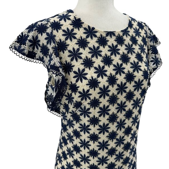 Shoshanna Womens 6 Dress Kassia Mini Embroidered Floral Lace Navy Ivory - Picture 2 of 10